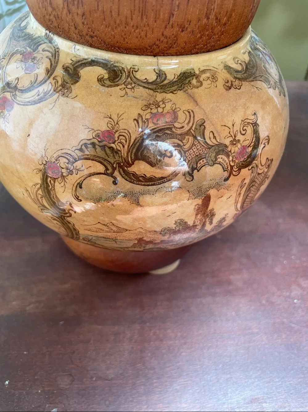 Vtg Satsuma style lamp Early 20th century - Mid-Century. Wood & porcelain.